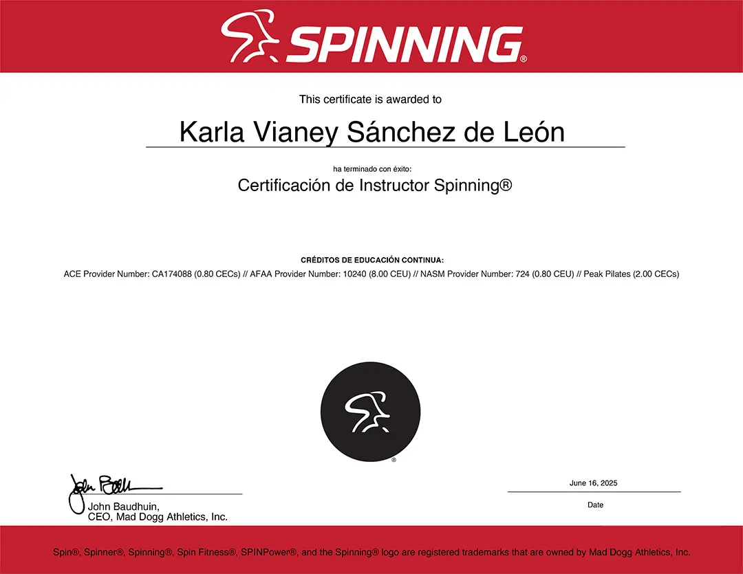 Certificado de Instructor de Spinning - Karla Vianey Sánchez de León